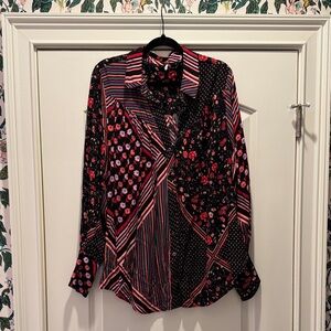 Free People Black and Red Floral Button-Up